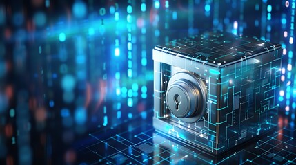 Poster - Digital security concept with a futuristic lockbox surrounded by blue glowing lines and circuit patterns, representing cybersecurity and data protection.