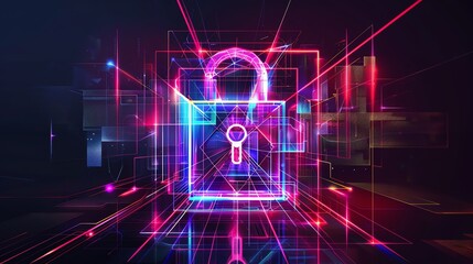 Poster - Glowing neon lock illustration symbolizing cyber security and data protection in a digital environment. Futuristic and vibrant design.