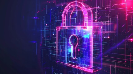 Poster - Glowing neon lock representing cybersecurity, data protection, and digital encryption in a futuristic digital background.