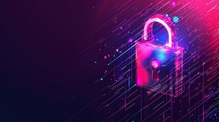 Poster - Futuristic cyber security concept with glowing padlock in neon colors, symbolizing online protection and digital safety in a tech-savvy world.