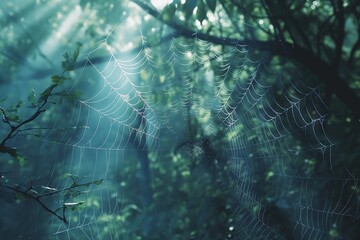 AI generated illustration of a spider web in a green forest surrounded by foliage