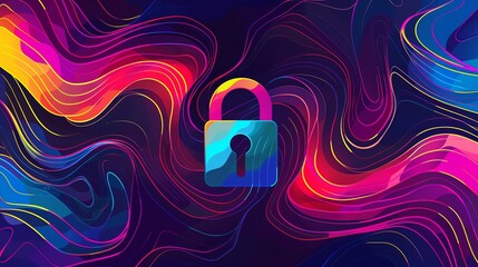 Poster - Vibrant abstract design with a gradient lock symbol, symbolizing digital security and data protection in a colorful, fluid background.