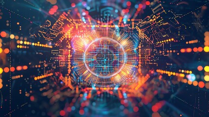 Poster - Colorful digital abstract background with futuristic cyber elements glowing in vibrant hues, representing advanced technology and innovation.