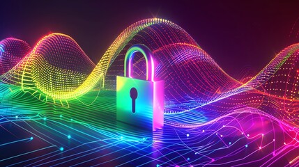 Poster - Vibrant digital security concept with a glowing padlock and stylized colorful waves, representing data protection and cybersecurity technology.
