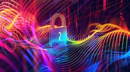 Poster - Vibrant digital security concept with a glowing lock and colorful abstract lines representing data protection and cybersecurity.