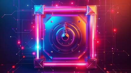 Poster - Futuristic neon light frame with geometric shapes and digital circuit background, vibrant colors, technology, and innovation concept.