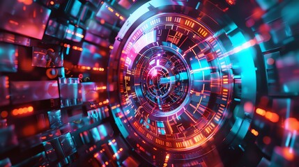 Poster - Futuristic abstract digital tunnel with neon lights, vibrant colors, and dynamic patterns, representing technology, innovation, and data flow.