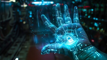 Poster - Futuristic holographic hand with digital lock icon, representing cybersecurity, privacy, and technology in a high-tech environment.