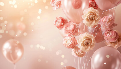 Wall Mural - festive balloon arrangement with pink roses and golden confetti on a soft background