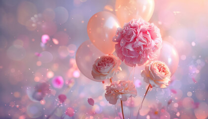 Wall Mural - party decoration with balloons and roses on a pastel background