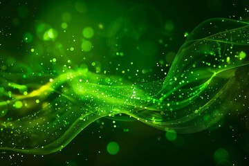Poster - banner with curved green waves with bokeh lights , golden sparkles, shiny glitters particles on dark background. Saint Patrick's Day, ecology concept, for banner, background, digital art.