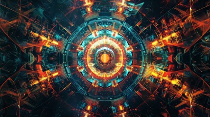Poster - Vibrant, abstract digital artwork of circular futuristic machinery with glowing neon lights and symmetrical patterns, creating a sci-fi effect.