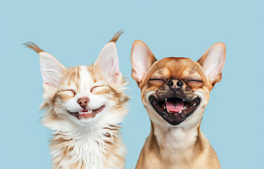 Wall Mural - Banner two smiling Chihuahua and Bengal Cat with happy expression. and closed eyes. Isolated on blue colored background, studio shot against a single pastel color background