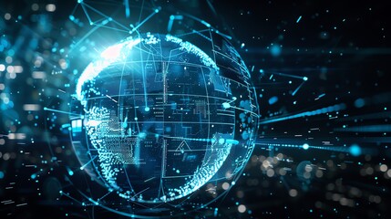 Poster - Digital lock icon integrated into a holographic globe, representing global security, futuristic, blue and white, hightech world protection