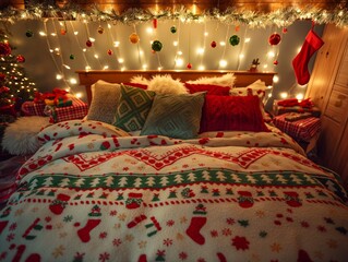 Wall Mural - A bed with a Christmas themed blanket and pillows. The bed is surrounded by Christmas decorations, including a tree and a stocking