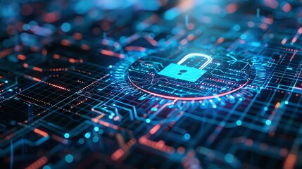 Poster - Digital lock icon on a glowing circuit board, symbolizing cybersecurity, data protection, and internet security technology.