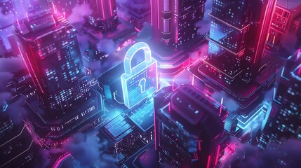 Poster - Futuristic cityscape with neon cybersecurity concept, featuring glowing lock symbol amidst high-rise buildings, emphasizing digital protection.