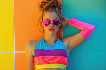 Wall Mural - A woman in a colorful top and sunglasses leaning against a wall. Suitable for fashion or lifestyle concepts