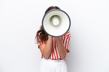 Wall Mural - Little girl isolated on white background shouting through a megaphone to announce something