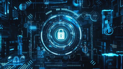 Poster - Futuristic digital security interface with a padlock icon glowing in blue, representing cyber security and data protection technology.