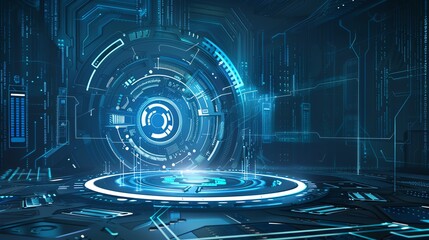 Poster - Futuristic digital interface with glowing blue holographic elements in a dark virtual space, representing advanced technology and innovation.