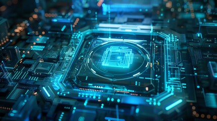 Poster - Futuristic microchip with glowing circuits, symbolizing advanced technology and innovation in digital processing and computing.