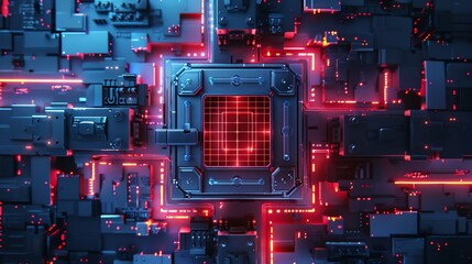 Poster - Futuristic circuit board with glowing red and blue lights representing advanced technology and digital connectivity.