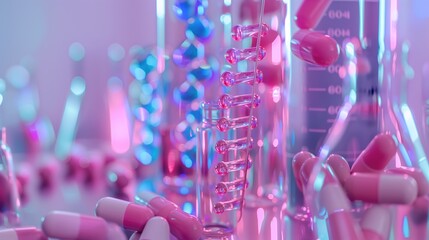 Science and medicine Scientists analyze and place samples into glass test tubes. Experiment with liquid chemicals in the laboratory DNA structure Innovation and technology