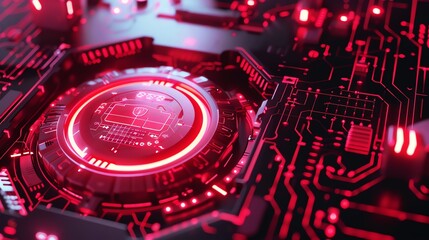 Poster - Futuristic digital interface with neon lights. High-tech circuit board and security concept. Abstract background in vivid colors.