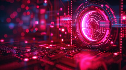 Poster - Futuristic digital interface with neon lights. High-tech circuit board and security concept. Abstract background in vivid colors.