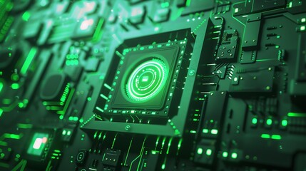 Poster - Close-up of advanced green-lit circuitry and microchip, representing modern technology and innovation in electronics and computing.