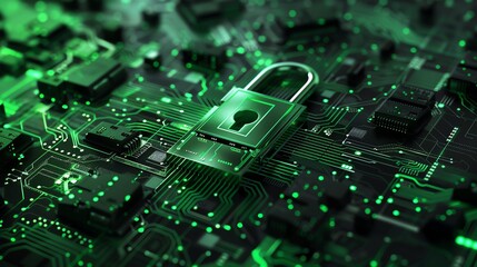 Poster - Close-up of a green digital padlock on a circuit board, symbolizing cybersecurity, data protection, and encryption technology.