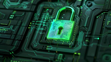Poster - Close-up of a green digital lock on a circuit board symbolizing cybersecurity and data protection. High-tech security concept.