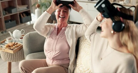 Canvas Print - Virtual reality, happy and grandmother with woman on sofa for video games, cyberworld and metaverse in home. Family, gamer and grandma with girl in vr glasses for bonding, relax and have fun together