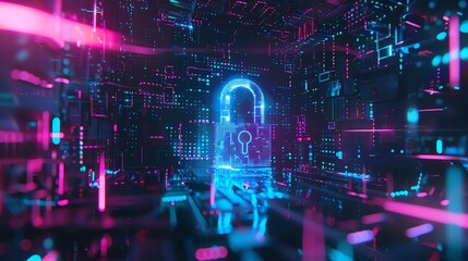 Poster - Futuristic digital padlock surrounded by glowing cybersecurity elements, highlighting data encryption and protection in a high-tech environment.