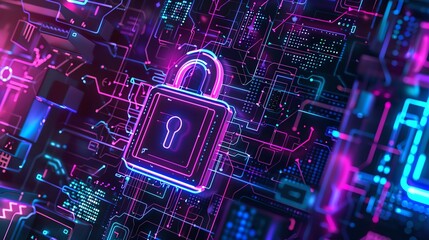 Poster - Futuristic cybersecurity concept with a padlock on a digital circuit background in neon colors. Symbolizes data protection and secure network.