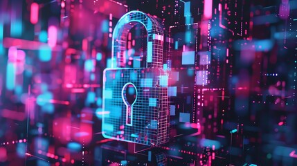 Poster - Digital padlock symbolizing cybersecurity and data protection in a vibrant, futuristic environment with glowing blue and pink lights.