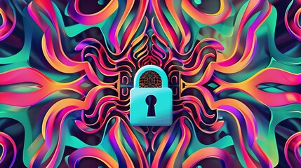 Colorful abstract digital art with a central lock symbol, representing security and protection. Vivid hues in a mesmerizing pattern.