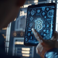 Hand holding bitcoin icon on futuristic blue background