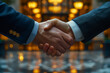 © ivlianna - Negotiations between trade representatives from different countries seeking to establish economic partnerships .Two men in suits exchange a yellow handshake gesture in front of a building