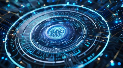 Poster - Futuristic digital interface with AI microchip hologram. Concept of artificial intelligence, technology innovation, and cybersecurity.