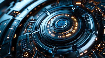 Poster - Futuristic technology interface with blue illuminated circular patterns, representing advanced digital innovation and modern design.