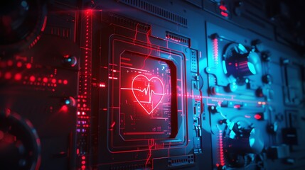 Poster - Futuristic medical technology concept with a glowing heart symbol on a digital circuit board, depicting advancements in healthcare and AI integration.