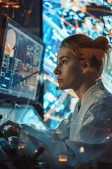 Poster - Woman sitting in front of a computer monitor. Suitable for technology-related projects