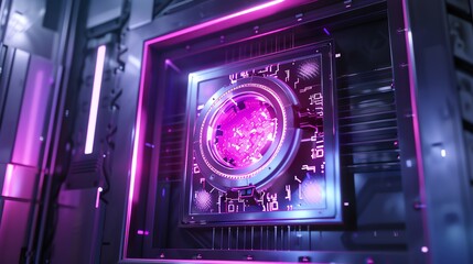 Poster - Futuristic glowing technology concept with a purple and blue mechanical device, showcasing advanced sci-fi engineering and high-tech innovation.