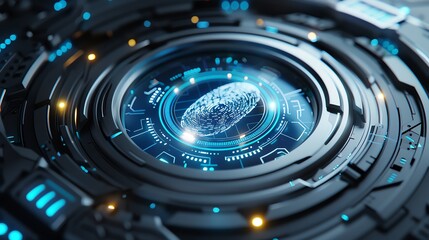 Poster - Futuristic digital fingerprint scanner with blue glowing elements, symbolizing security and advanced technology in a high-tech environment.