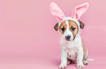 Sticker - portrait of a cute puppy wearing cute bunny ears, studio shot against a single pastel color background