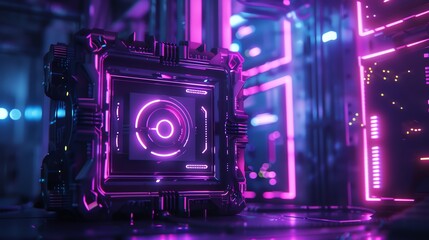 Poster - A futuristic, neon-lit cube with intricate designs and glowing patterns in a high-tech environment, showcasing modern technology and innovation.