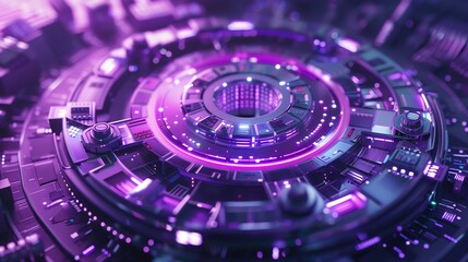 Poster - Futuristic purple glowing circuit board with intricate technological details showcasing cybersecurity and digital innovation.