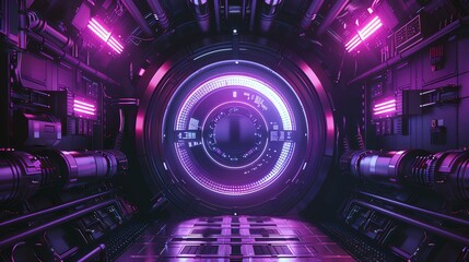 Poster - Futuristic spaceship interior with vibrant pink and purple lighting, showcasing advanced technology and modern design.